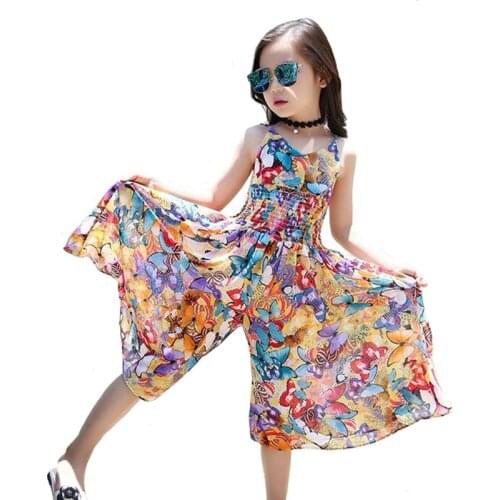 2017 Bohemian Style Childrens Dresses Girl Summer Floral Wide Leg Pants Jumpsuit Girls Personality Dress Crianca Vestidos B0660