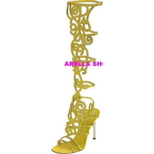 Elegant Party Gladiator Sandals Roman Style Solid Color Hot Rhinestone Hollow Fashion Sexy High Heels Sandals Women Thin Heel