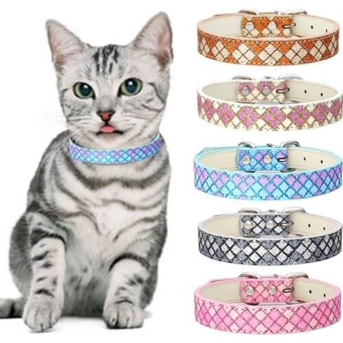Leather Pet Collar Flashes Plaid PU Leather Shiny Collars Adjustable Collars Dog Cats Collars Supplies Puppy Cat Belts Blue Pink