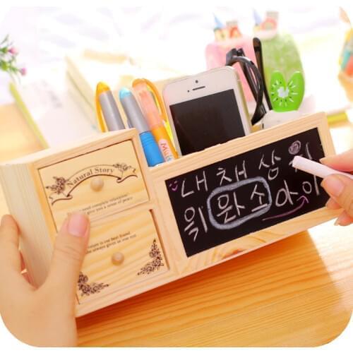 Creative Desk Wooden Pen Holder with Blackboard Cute Kawaii Desktop Pencil Holders Box Organizer Pens Pot School Office Gifts
