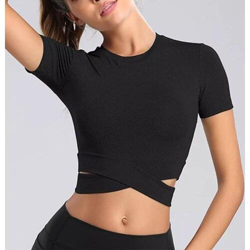 New Women Sport Yoga Crop Top Short Sleeve Tops T-Shirts Gym Fitness Running Workout Summer Sportswear Female Clothing