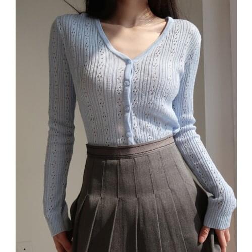 Summer Cardigans Women 2020 V-neck Hollow Out Long Sleeve Tops for Sweet Girls Single Breasted Solid Thin Short Cardigan