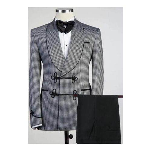 Latest Designs Houndstooth Smoking Jacket Shawl Lapel Formal Groom Tuxedos Double Breasted Dinner Party Prom Suit Wedding Blazer