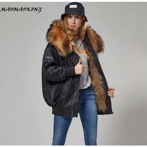 Brand winter jacket women long parka pattern letter embroidery loose real raccoon fur coat warm real raccoon fur liner