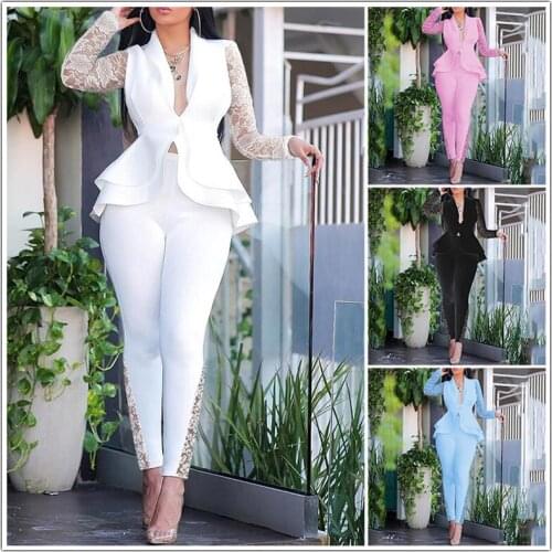 2021 Sexy Lace Business Suit Autumn Women Ladies Suits Blazer Ruffles Outfits Uniform Fashion Two Piece Female Matching Pant Set