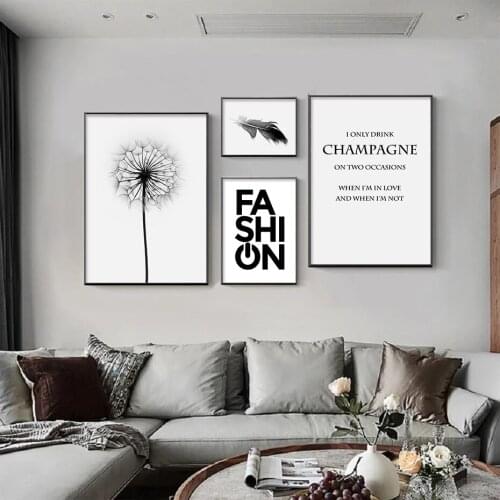 Vogue Poster Black White Canvas Prints Dandelion Feather Painting Modern Living Room Fashion Picture Girl Bedroom Wall Art Decor
