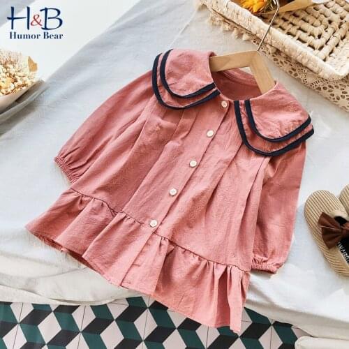 Humor Bear Girls Dress NEW Autumn Long Sleeve Laperl Collar Solid Color Korea Style Loose Princess Dress Toddler Clothes