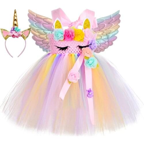 Girls Unicorn Tutu Dress Pastel Flowers Kids Birthday Party Dresses Children Christmas Halloween Cosplay Unicorn Costume Outfits