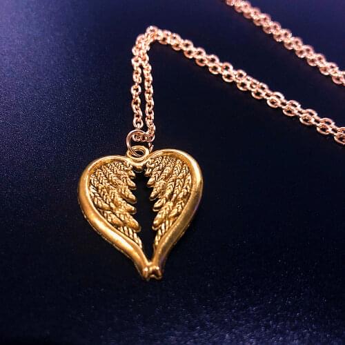 Retro fashion Christian Hollow Angel Wings Pendant Heart Necklace Gold Chain Charm jewelry For Women Men gift
