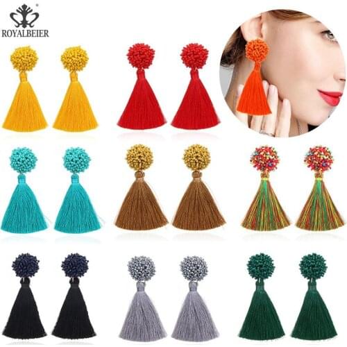 Royalbeier Fashion Pop Tassel Earrings Ladies Retro Beaded Earrings Bohemian Tassel Earrings Ethnic Style Jewelry