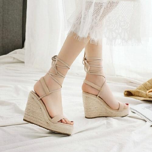 Sianie Tianie 2020 lace-up ankle strap womans summer shoes solid color beige open toe platform wedges high heels women sandals