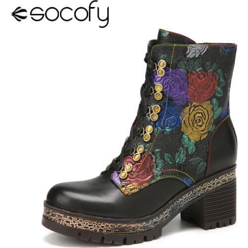 SOCOFY Ladies Boots Vintage Graceful Flowers Embossed Leather Comfy Warm Lining Round Toe Chunky Heel Short Boots Winter Shoes