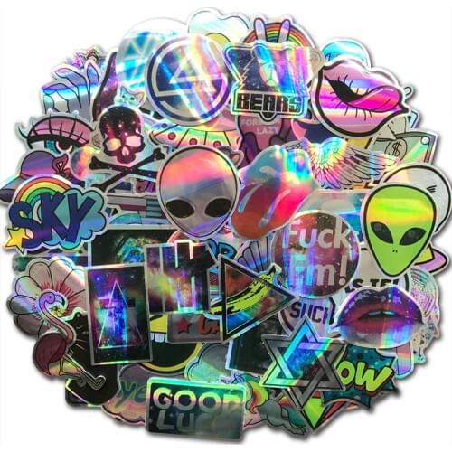 60Pcs Cool Reflective Laser Laptop Stickers Bomb ET UFO Shining Flash Graffiti Decals For DIY Skateboard Luggage Motorcycle Car