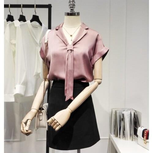 Womens Spring Summer Runway Fashion V Neck Pink Chiffon Shirt Female Casual Loose Basic Satin Blouse Tees Tops TB1673