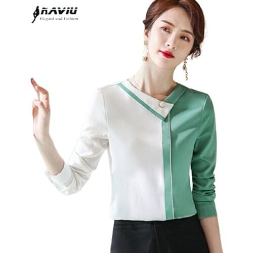 Patchwork Shirt Women Autumn New 2021 Long Sleeve Fashion Design Formal V Neck High End Chiffon Blouses Office Ladies Work Tops