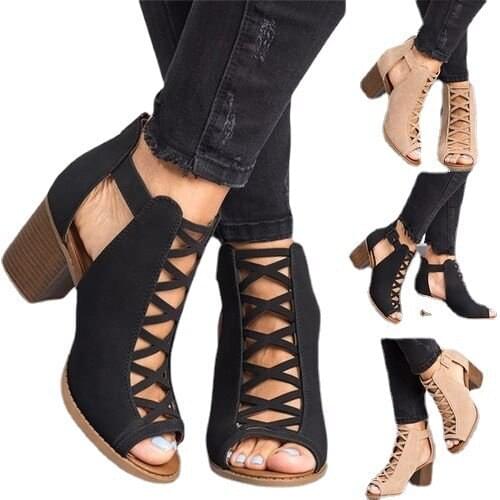 Ladies Fish Mouth Thick Heel High Heels Spring/Summer 2021 New Large Size Mesh Button Back Zipper Female Sandals