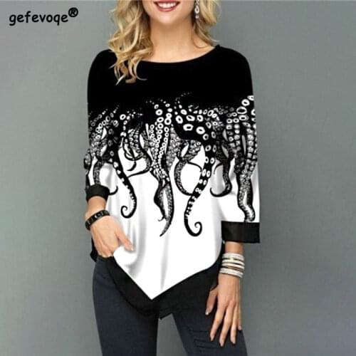 Women Irregular Hem Printed Casual Round Neck 3/4 Sleeves Plus Size Cotton T-Shirt Summer Spring Loose Pullover