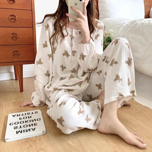 Bear Cartton Summer Pajamas Set Women O-Neck Buttons Casual Kawaii Cotton Home Suit Long Sleeve Shirts + Long Pants Set Homewear
