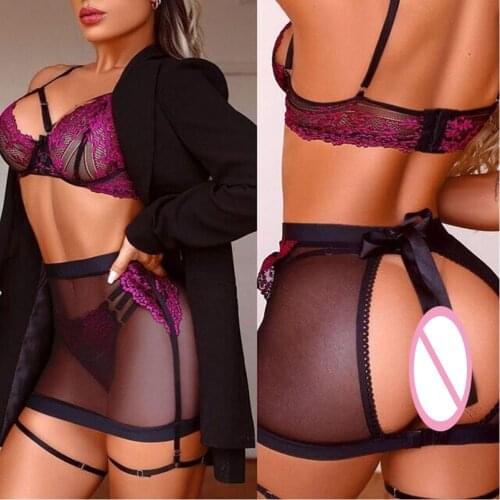 Womens Sexy Lingerie Set Babydoll Chemises Floral Lace Strappy Bra Garter Mesh Skirt Panty Erotic Costumes Womens Underwear