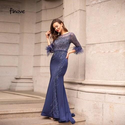 Finove Navy Blue Evening Dress 2020 New Arrivals Elegant Beading Feathers O-Neck Illusion Back Floor Length Formal Party Gowns