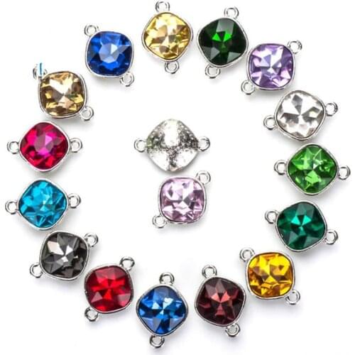 10pcs Crysta Glass Round Square Charms Bracelet Necklace Connector Charm Pendant for Jewelry Making Earring Findings Accessories