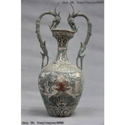 12 Folk Collect old Bronze silver-gilt Royal Palace Dragon Ears Two Phoenix Vase