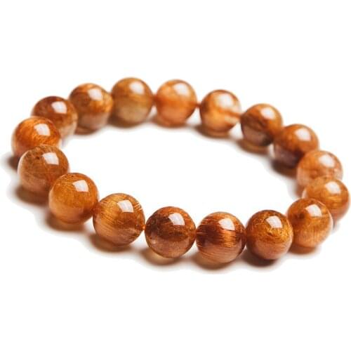 12mm Natural Copper Hair Rutilated Quartz Crystal Charm Bracelet Femme Women Stretch Clear Round Beads Bracelet Free Shipping