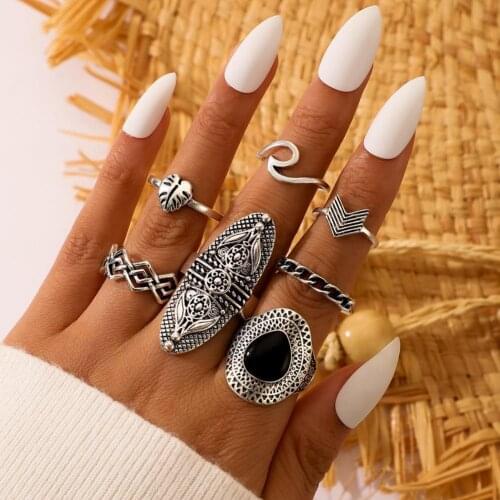 7Pcs Vintage Bohemian Women Rings Anti Tarnish Geometric Faux Gem Ethnic Style Finger Rings Set Jewelry for Party