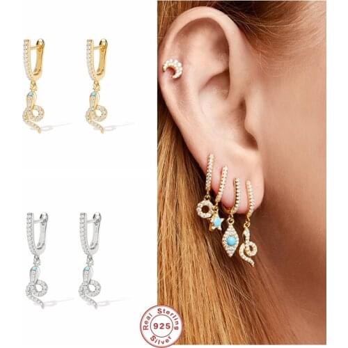 GS 925 Sterling Silver Turquoise Zircon U Shape Circle Hoop Earrings For Women Luxury Crystal Snake Charm Pendant Earring Hoop