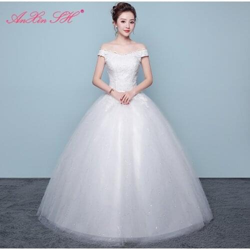 AXJFU lace Princess white wedding Dress vintage boat neck turkey flower sparkly ruffles lace bride ball gown wedding dress