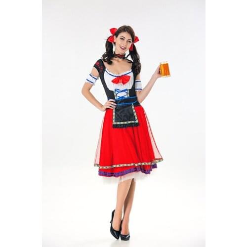 Free Shipping 2018 New High Quality German Beer Maid Costume Women Oktoberfest Dirndl Red Dress Adult Halloween Party Outfit