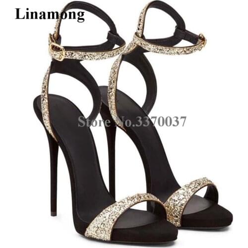 Brand Design Women Fashion Open Toe Gold Sequined Thin Heel Sandals Ankle Strap Buckle High Heel Sandals Club Dress Shoes