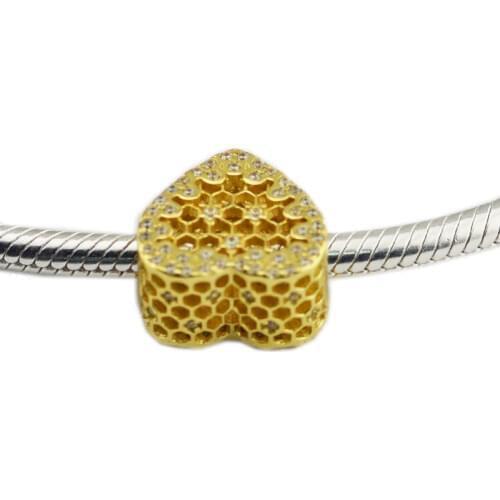 Honeycomb Lace Beads for Bracelets Silver 925 Original Women Jewelry Golden Shine Heart Shape Charm Beads for Jewelry Making