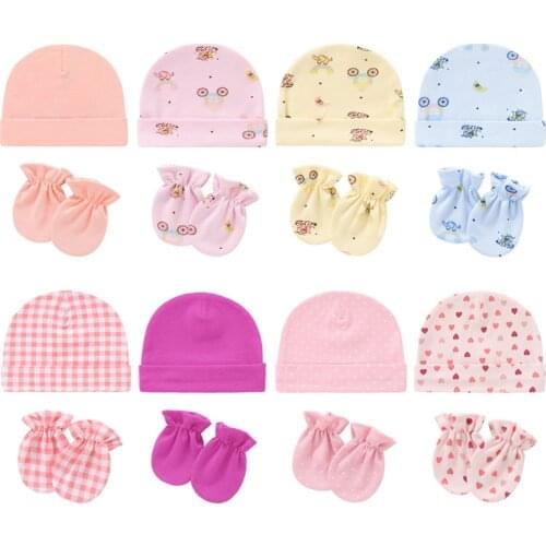 Baby Anti-scratching Cotton Gloves + Hat Set Newborn Face Protection Scratch Mittens Warm Kit Infants Shower Gifts