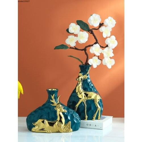 European-style Ceramic Vase Golden Elk Flower Arrangement Creative Green Dried Flower Decora Vase Living Room Hydroponic Flower