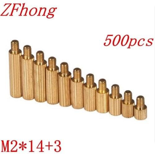 500pcs/lot M2*14+3 m2*14 Brass Round Standoff Spacer Male Female M2 Brass Threaded Spacer