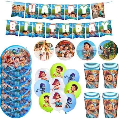 Luca Disney Pixar Birthday Summer Childrens Birthday Tableware Pull Flag Paper Cup Paper Plate Balloon Lucca Party Set Supplies