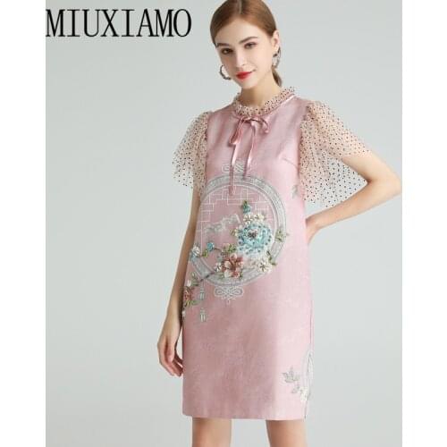 MIUXIMAO 2021 Spring/summer Diamond Mesh Dot Short Sleeves O-neck Elegant Fashion Casual Mini Dress Women Vestidos with Bow