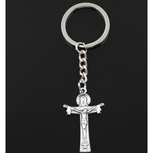 Fashion 30mm Key Ring Metal Key Chain Keychain Jewelry Antique Bronze Silver Color Plated Cross Jesus 40x24mm Pendant