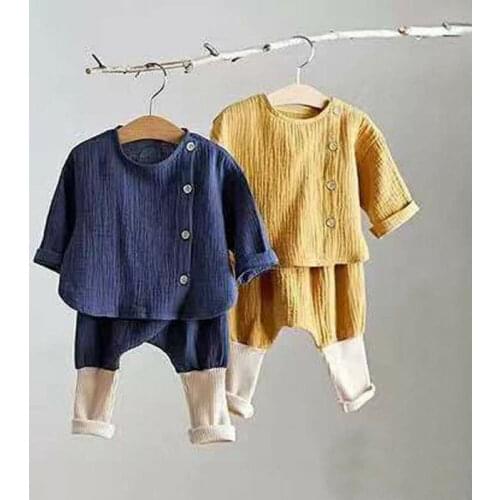 0-24 Months Newborn Clothes 2019 Autumn Baby Boys Set Long Sleeve Oblique Button Tops Long Pants Blue Yellow Baby Girls Outfits