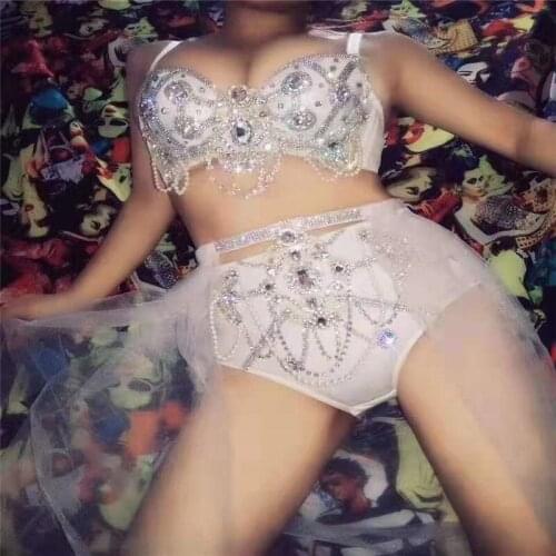 D37 Singer ballroom dance sexy bikini set dj wears stage costume bra diamonds pole dance Trailing dress skirt party wear show dj