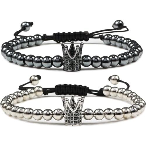 Simple Braided Copper Beads Bracelet For Men Micro Pave CZ Crown Charm Bangles Fashion Adjustable Size Women Weave Jewelry Gifts