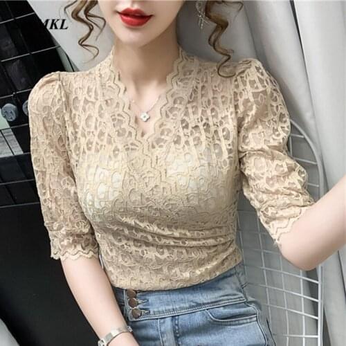 Transparent Hollow Out Lace Tops Women 2020 New Fashion V Neck White Black Summer Blouses Femme Korean Sexy Corset Top Blouse