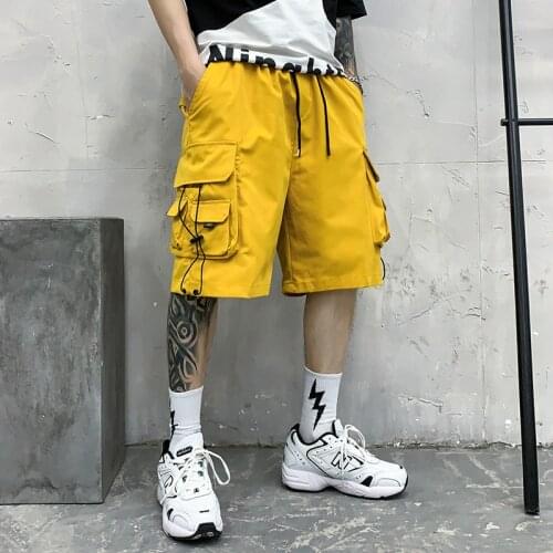 Yellow Red Black Techwear Cargo Shorts Man Harajuku Casual Hip Hop Shorts Multi Pockets Drawstring Short Homme