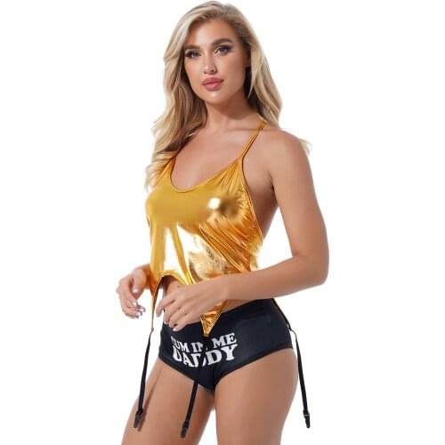 Womens Rave Party Nightclub Pole Dance Outfit Metallic Shiny Leather Crop Top Wet Look Halter Lace-up Vest Tank with Garter Belt