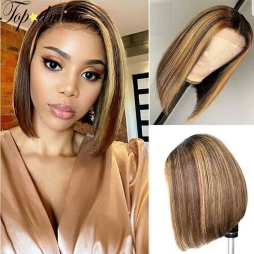 TOPODMIDO Highlight Color Brazilian Human Hair Bob Wigs With Baby Hair Preplucked Short Hair Lace Front Wig Glueless Bob Wigs