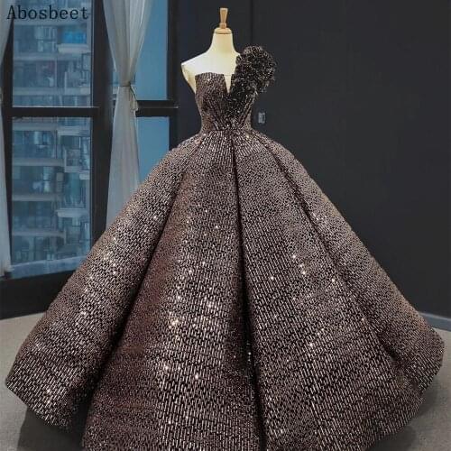 DD JYOY Brown One Shoulder Ball Goen Evening Dress Shining Sequin Formal Prom Party Women Wear Lace Up Back