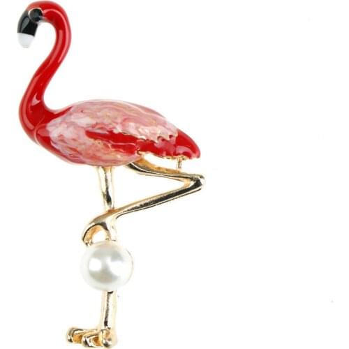 Vintage Hand-Painted Pink Flamingo Brooch Fashion Simulated Pearl Bird Scarf Pins For Women