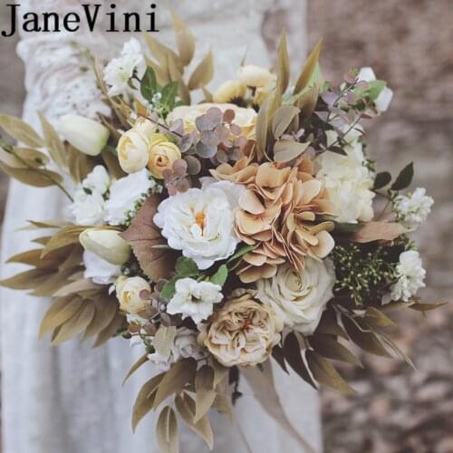 JaneVini Ins Vintage Bride Bouquet Artificial Defoliation Beige Coffee Color Bridal Silk Flower Bouquet Wedding Brooch Supplies