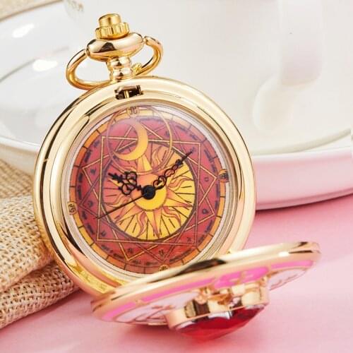 Japan Anime Cardcaptor Sakura Golden Pocket Watch Necklace Star Gemstone Pink Pendant Chain Clock Women Magic Clock Girls Gift
